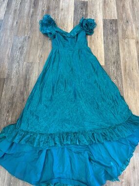 Vintage Teal Puff-Sleeve Ruffle Hem Women’s Dress Garden Party